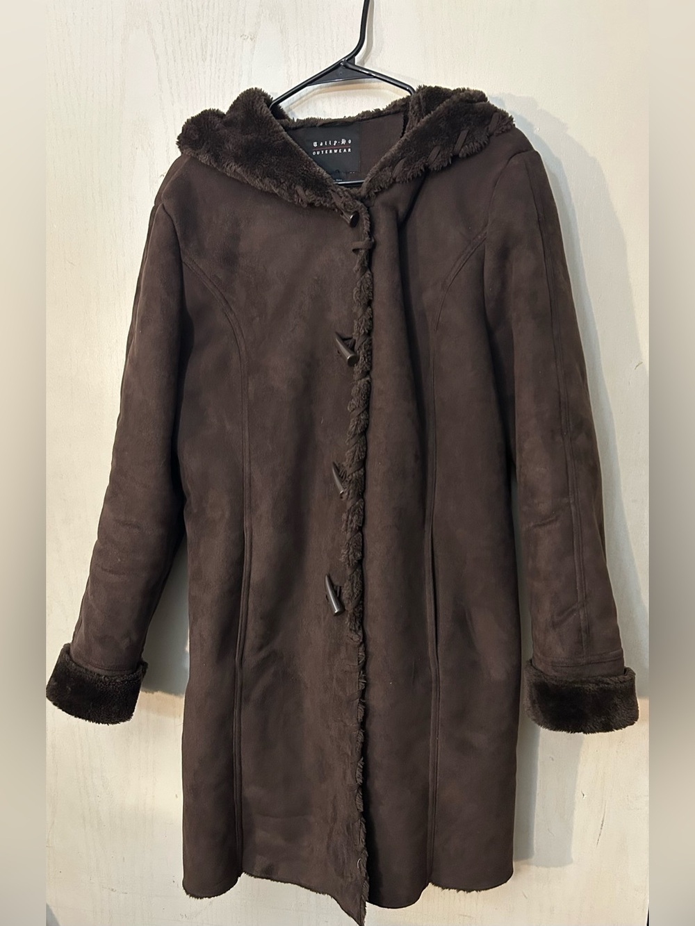 Tally-Ho Brown Faux Shearling Hooded Long Coat Women’s Size L Toggle Y2K